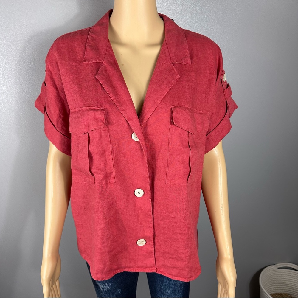 Marc New York NWT 100% Linen Roll Tab Short Sleeve Button Front Top Size Medium